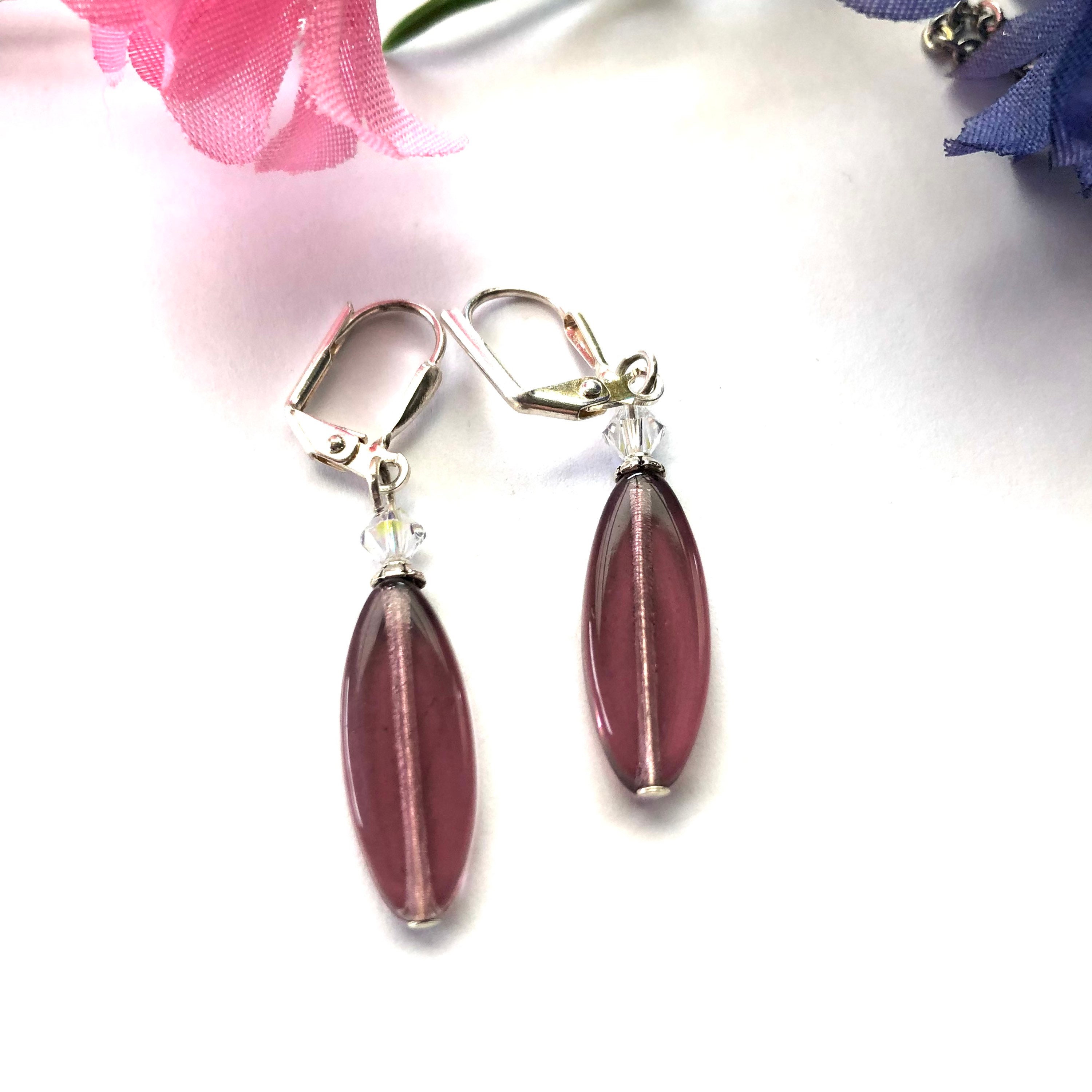 Purple Earrings, Purple Drop Earrings, Handmade Earrings, Lever Back