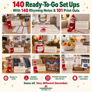 140 Christmas Elf Setups | 140 Rhyming Note, 101 Printables (Digital Download), Private Insta Group, 2 Calendar Reminders Every Night In Dec