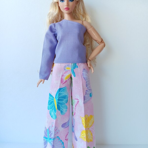 Pink with colorful Butterflies Palazzo Pants and Lilac blouse for Curvy Doll