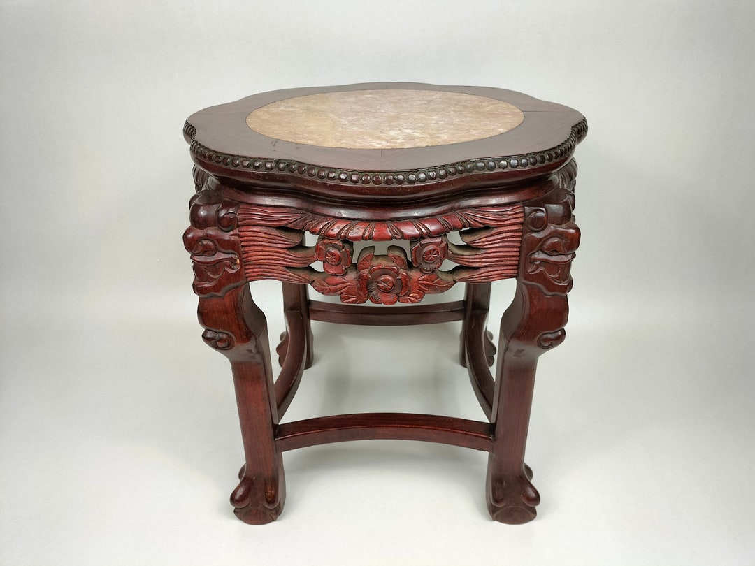 Chinese Wooden Side Table With Marble Top // Mid 20th Century Etsy