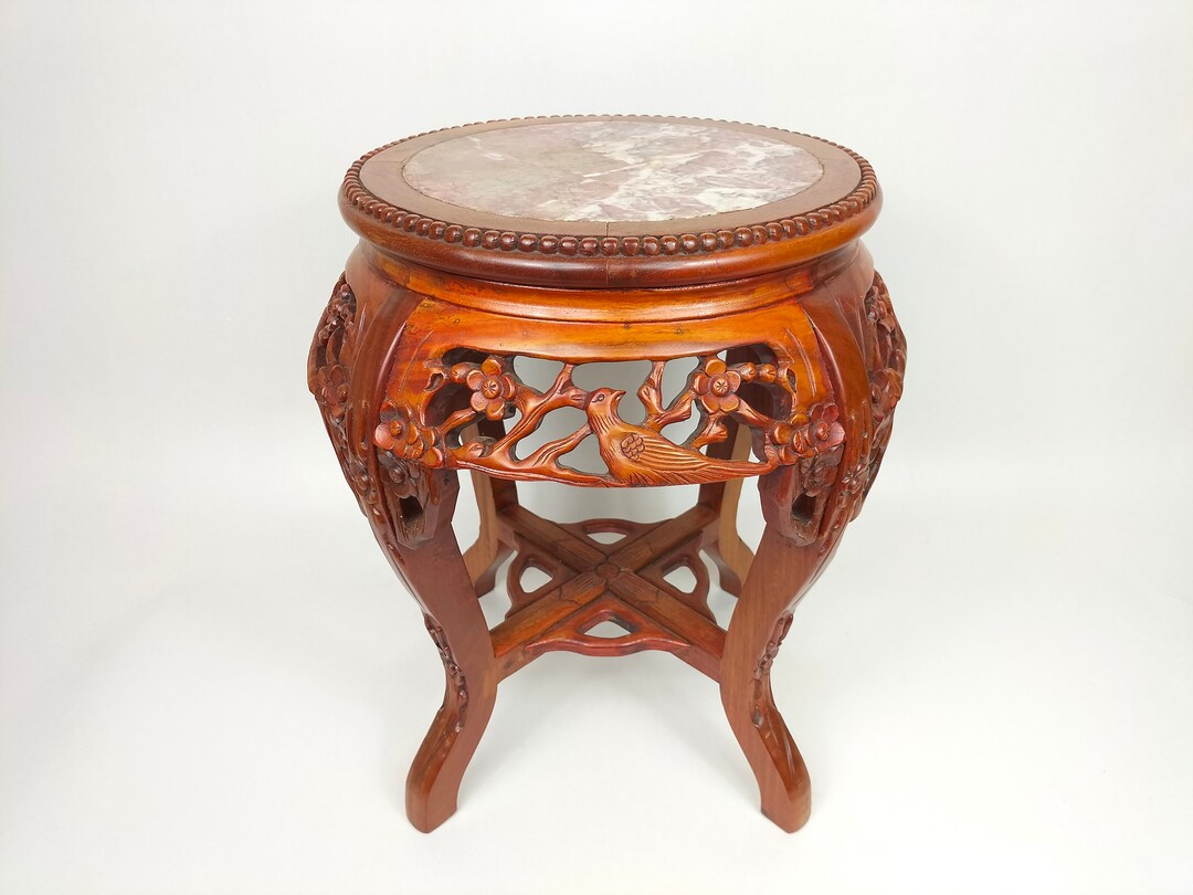 Chinese Wooden Side Table Inlaid With Marble Top // Mid 20th Century Etsy
