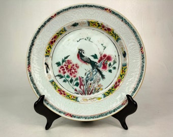 Antique Chinese famille verte plate decorated with bird and flowers // Yongzheng - 18th century