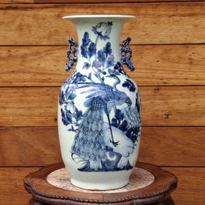 Antique Chinese vase decorated with a peacock and flowers // Qing Dynasty - 19th century