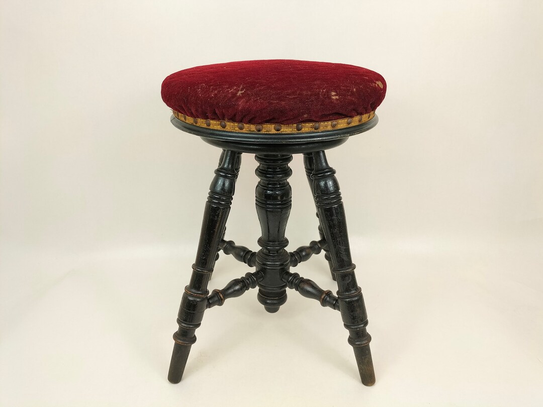 Antique French Wooden Velvet Piano Stool // Adjustable Height - Etsy