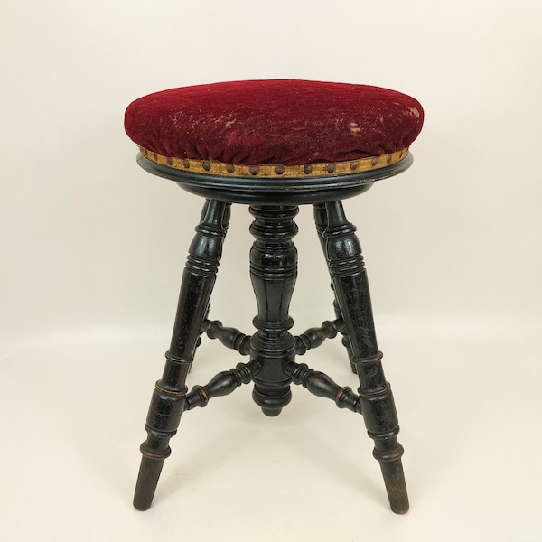 Tabouret de piano antique Français en velours de bois // Hauteur réglable // Style Napoléon III // Années 1900