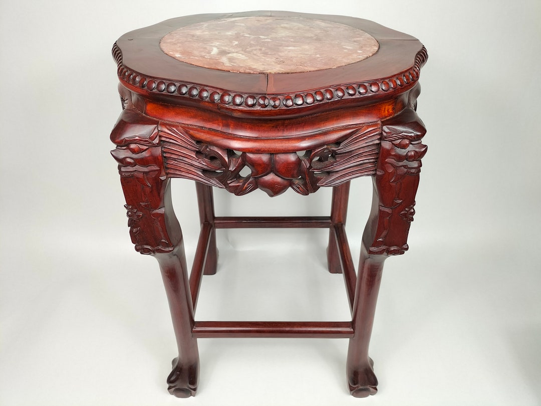 Chinese Wooden Side Table Inlaid With a Marble Top // Rosewood 20th