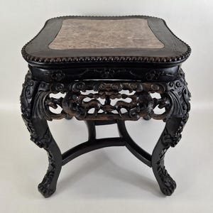 Antique Chinese hand carved side table inlaid with a marble top // Qing Dynasty - 19th century