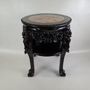 Antique Chinese hand carved side table inlaid with a marble top // Qing Dynasty - 19th century