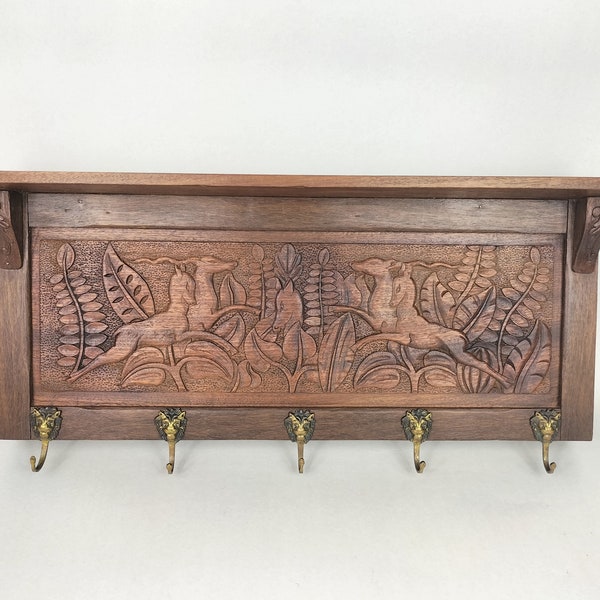 Vintage handmade wooden wall coat rack decorated with a forest scene // Mid 20th century - Solid wood