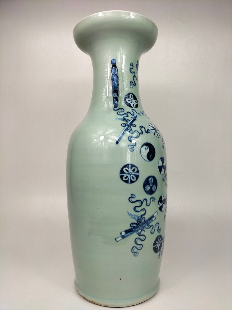 Large Antique Chinese Celadon Vase Decorated With Antiquities and