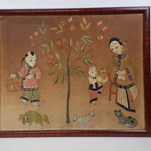 Antique Chinese framed silk embroidery decorated with a mother and her kids in the garden // Qing Dynasty - 19th century