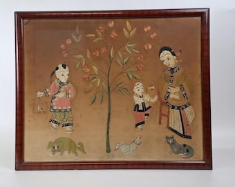 Antique Chinese framed silk embroidery decorated with a mother and her kids in the garden // Qing Dynasty - 19th century