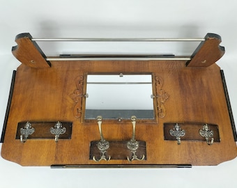 Vintage wall coat rack in wood & chrome metal // Belgium - Mid 20th century