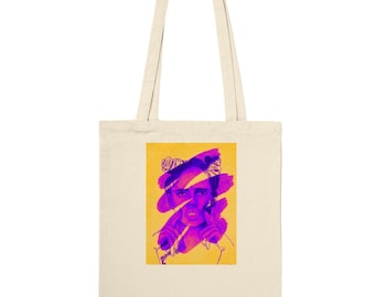 Neon print shopping net tote bag. illustration of girl woman in yellow and purple contrasting image making funny faces