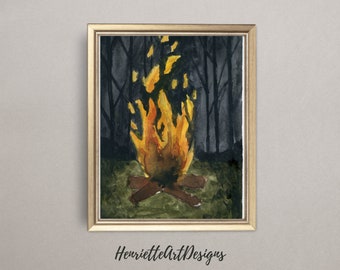 watercolor painting of fireplace in the night, moody poster for home, cozy fire for cold autumn nights print