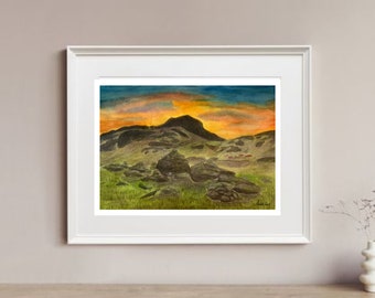 Sundown high mountian landscape scenery. Norwegian views highlands poster. watercolor spring summer flatlands artwork