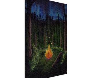 Canvas painting of fireplace in the deep forest. Acrylic painting