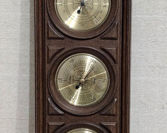 Vtg 1970s Springfield Faux Wood Wall Barometer Temp Weather Station #1702 USA