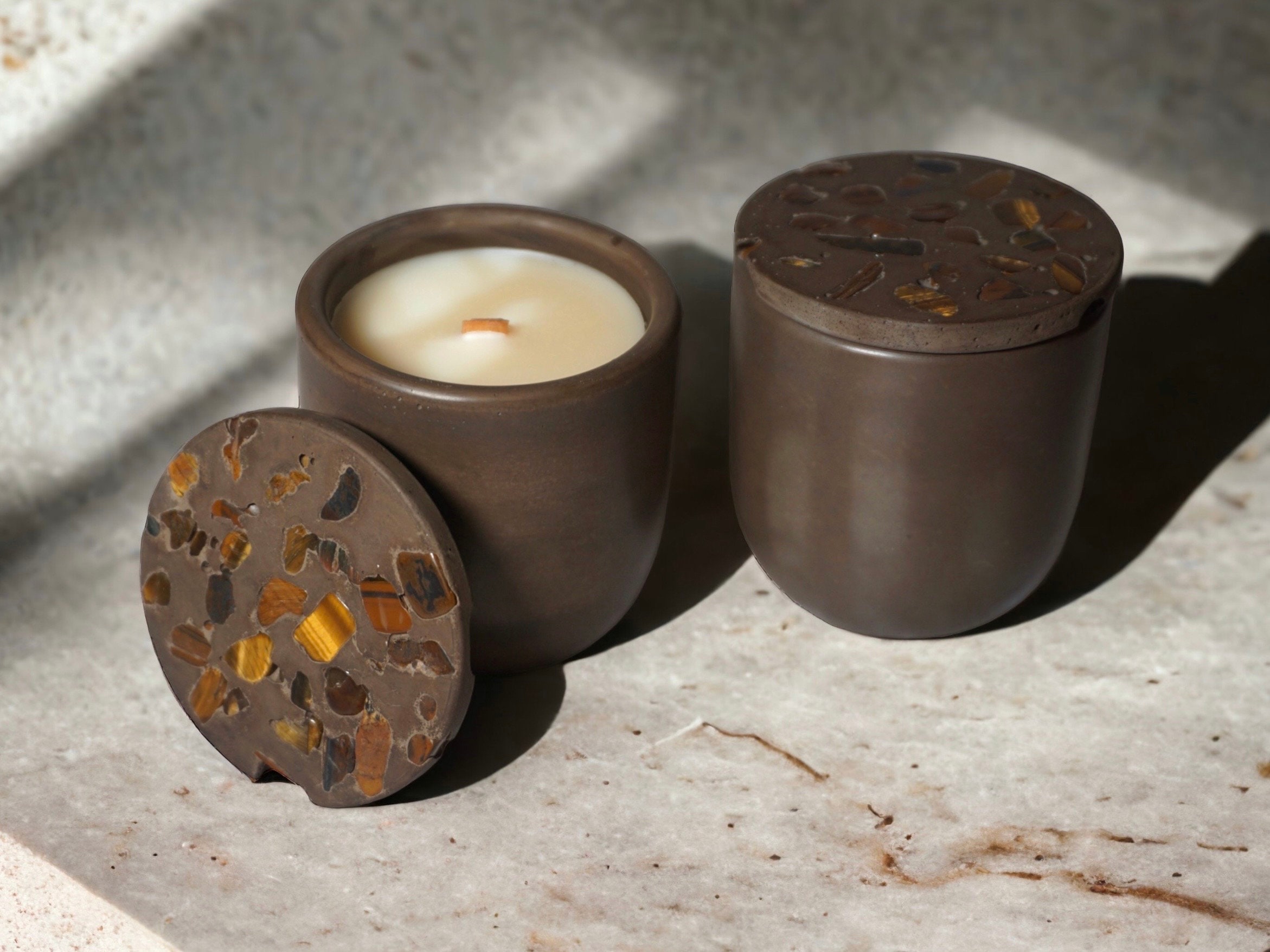 Mini Concrete Candle Tigers Eye Stone Protection Candle Gemstone Candle