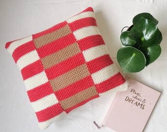 Handmade Crochet Pillow “Stripes” – Salmon & Beige