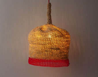 Large Handmade Boho Pendant Lamp Crochet in Natural Rope & Red