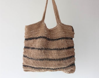 Sac Shopping Zéro Déchet au Crochet "Rayures" – Noir | Sac de jute | Sac de plage | Sac écologique | Sac fait main | Cadeau fait main