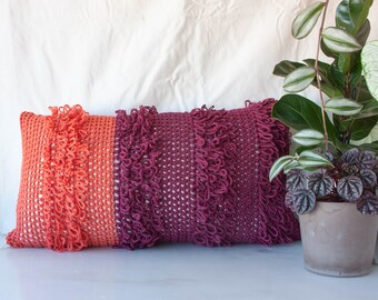 Handmade Crochet Pillow “Textures from the Loom” – Orange & Red | Home Decor | Colorful Home Decor | Fun Home Decor | boho home decor
