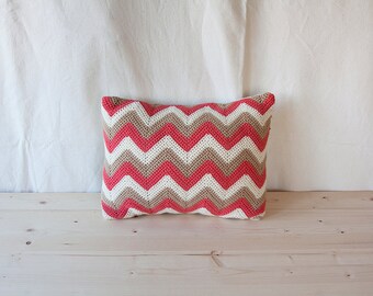 Handmade Crochet Pillow “Geometric” Salmon Zig Zag | Home Decor | Colorful Home Decor | Fun Home Decor