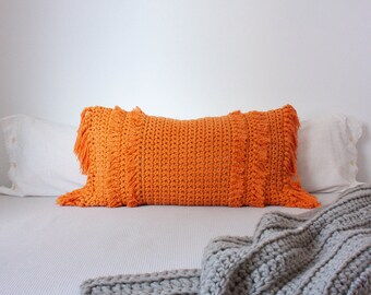 Handmade Crochet Pillow “Textures from the Loom” – Orange Fringes | Home Decor | Colorful Home Decor | Fun Home Decor | Boho Home Decor