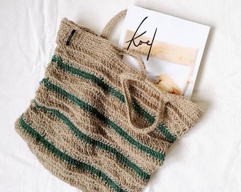 Zero Waste Crochet Shopping Bag “Stripes” – Dark Green | Jute Bag | Beach Bag | Eco-friendly Bag | Handmade Gift