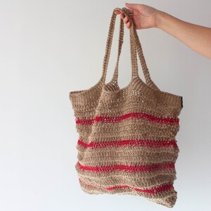 Zero Waste Crochet Shopping Bag Stripes Red Jute Bag Beach Bag Eco-friendly Bag Handmade Bag Handmade Gift image 2