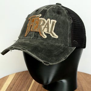 Distressed Black Trucker Hat, Hair-on-Hide Leather Patch Hat, FERAL Cap