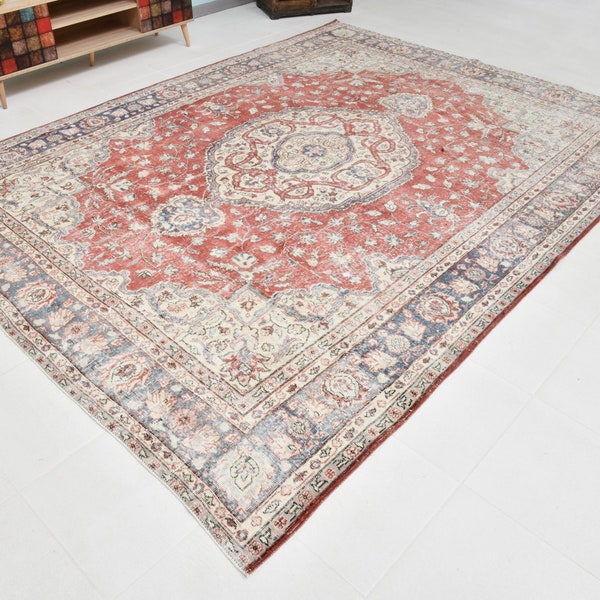 8x11 Modern Farmhouse Style Persian Area Rug, Vintage Aesthetic Oriental Living Room Rug, Hand Knotted Traditional Medallion Bedroom Carpet