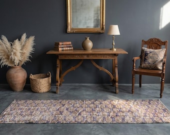 7x2 Vintage Turkish Runner Rug : Handmade Wool Oushak Style Beige Purple Hallway Carpet