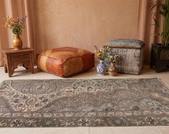 Olive Green Vintage Turkish Runner Rug – Hand Knotted Wool Hallway Rug, 5x2