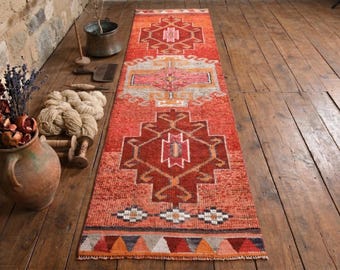 Red Vintage Turkish Runner Rug – Hand Knotted Wool Hallway Rug, Tribal Anatolian Design