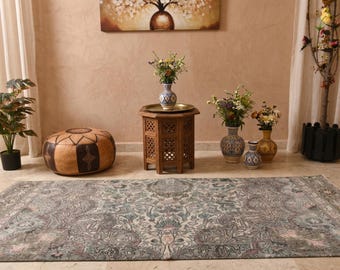 Muted Sage Green Vintage Turkish Runner Rug – Hand Knotted Wool Hallway Rug