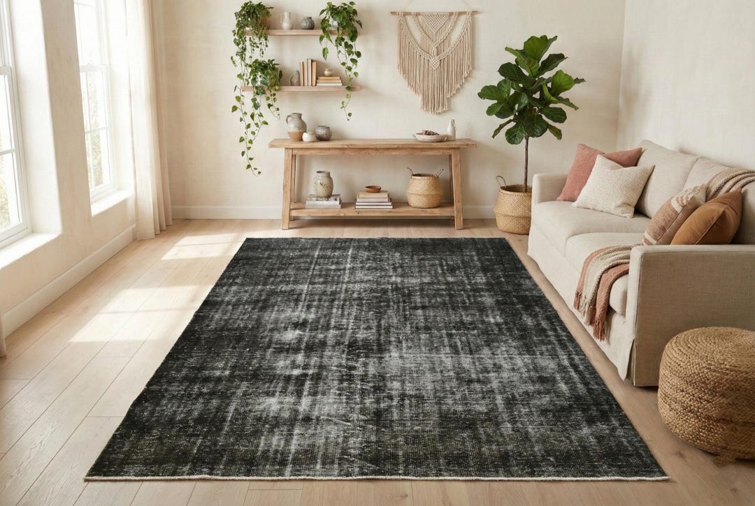 9x6 Rugs 1970s Vintage Rug 9x6.6 Ft Collectors Piece Rug, Distressed Black Grey ...