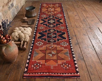 Navy Red Vintage Turkish Runner Rug – Hand Knotted Wool Hallway Rug