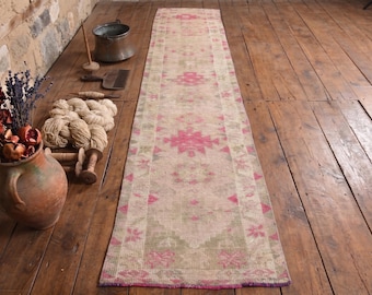 3x13 Turkish Herki Runner Rug – Wool Hallway Rug, Pink Beige Tribal Handmade Carpet