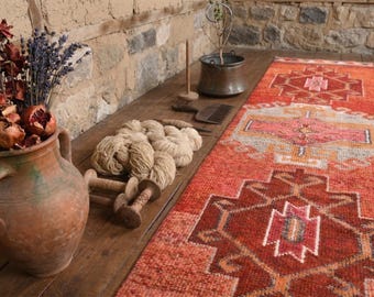 Red Vintage Turkish Runner Rug – Hand Knotted Wool Hallway Rug, Tribal Anatolian Design