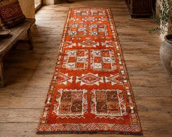 3x10 Vintage Terracotta Runner Rug – Geometric Wool Oushak Style, Handmade Hallway Rug