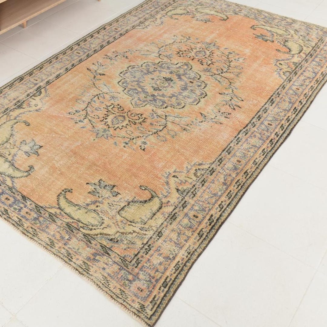 Peachy Rustic Rug 5x8 Faded Vintage Oriental Rug, 5x8 Peachy Pink Traditional Design, 5x8 ...