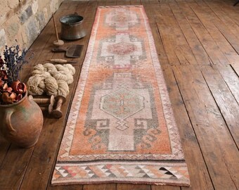 Beige Terracotta Vintage Herki Runner Rug – Hand Knotted Wool Hallway Rug, Faded Anatolian Design