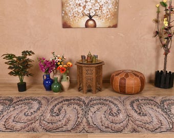 Beige Sand Vintage Turkish Runner Rug – Hand Knotted Wool Hallway Rug