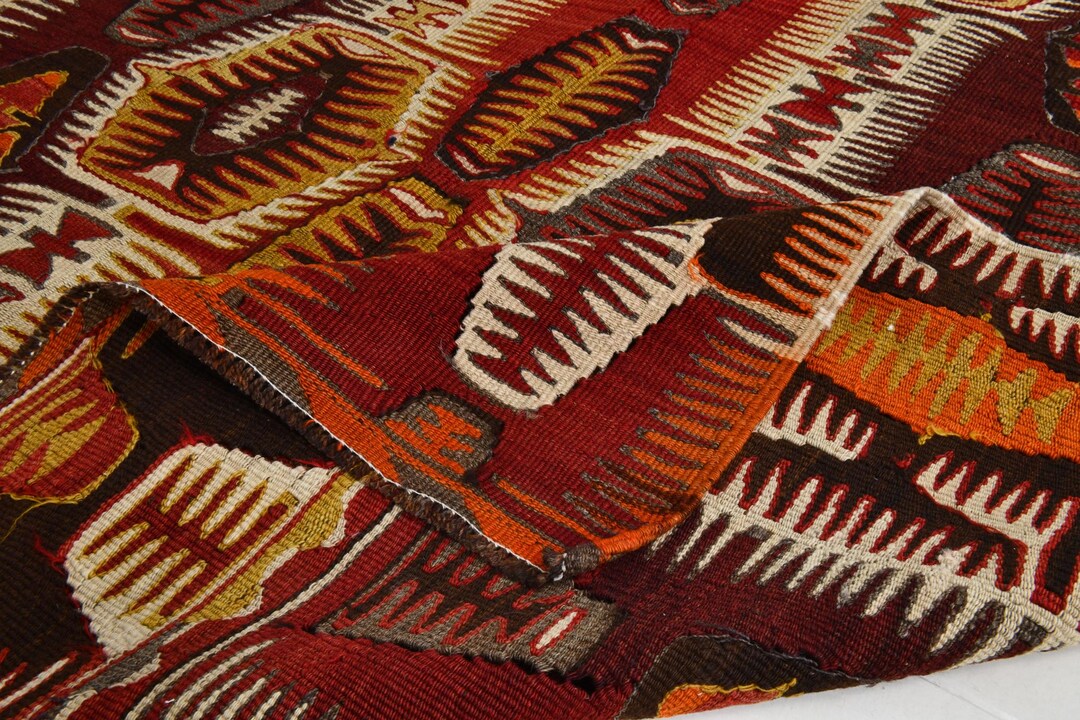 4x9 Vintage Handwoven Kilim, 4x9 Burgundy Orange Tribal Rug, Handmade ...