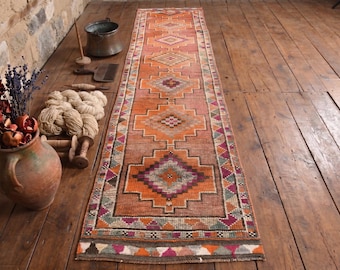 Vintage Turkish Runner Rug – Terracotta Geometric Wool Oushak Style, Handmade Hallway Rug