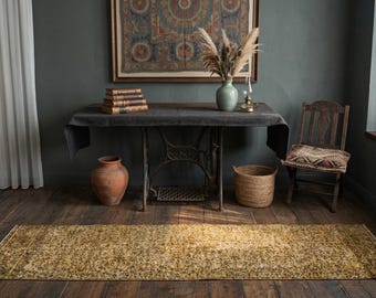 9x2 Vintage Turkish Runner Rug : Handmade Wool Oushak Style Gold Yellow Hallway Carpet