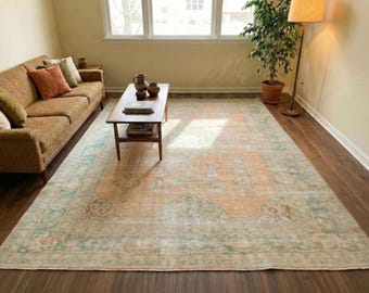 Vintage Turkish Oushak Rug 11x8, Peach Mint Distressed Wool Area Rug, Handmade Anatolian Carpet