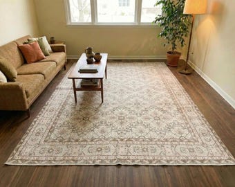 Ivory Beige Vintage Oushak Rug Handmade Floral Living Room Carpet 10.8x7.2 ft